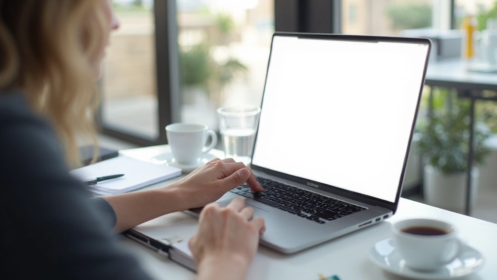 Arbeitsplatz mit Laptop, Notizbuch und Kaffeetasse für produktive Teamarbeit