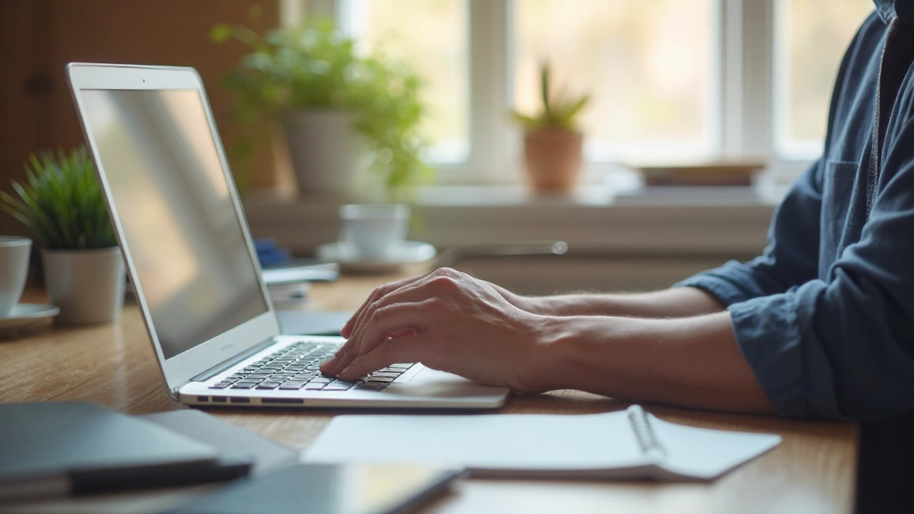 Arbeitsplatz mit Laptop, Notizbuch und Kaffeetasse für produktive Teamarbeit