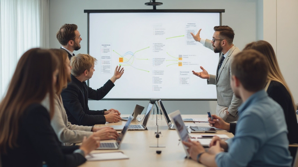 Team-Meeting bei der Besprechung von Arbeitsabläufen mit Whiteboard und Notizbüchern